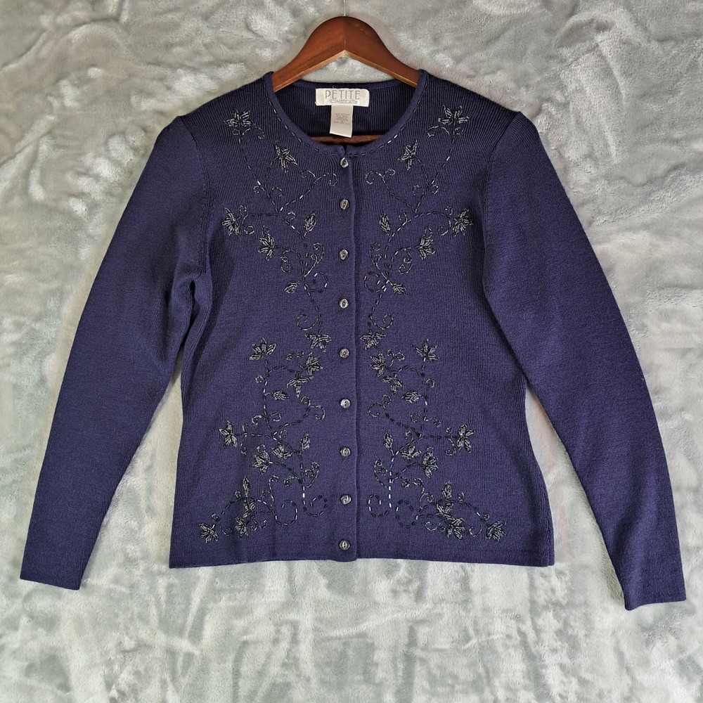Petite Sophisticate Beaded Cardigan Sweater Small PS Purple Floral Embroidered